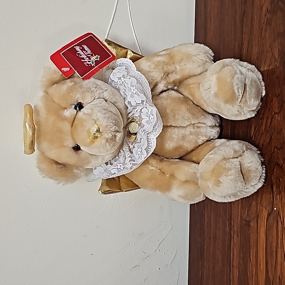 Original tags Holiday Time plush stuffed teddy bear angel golden wings sitting
